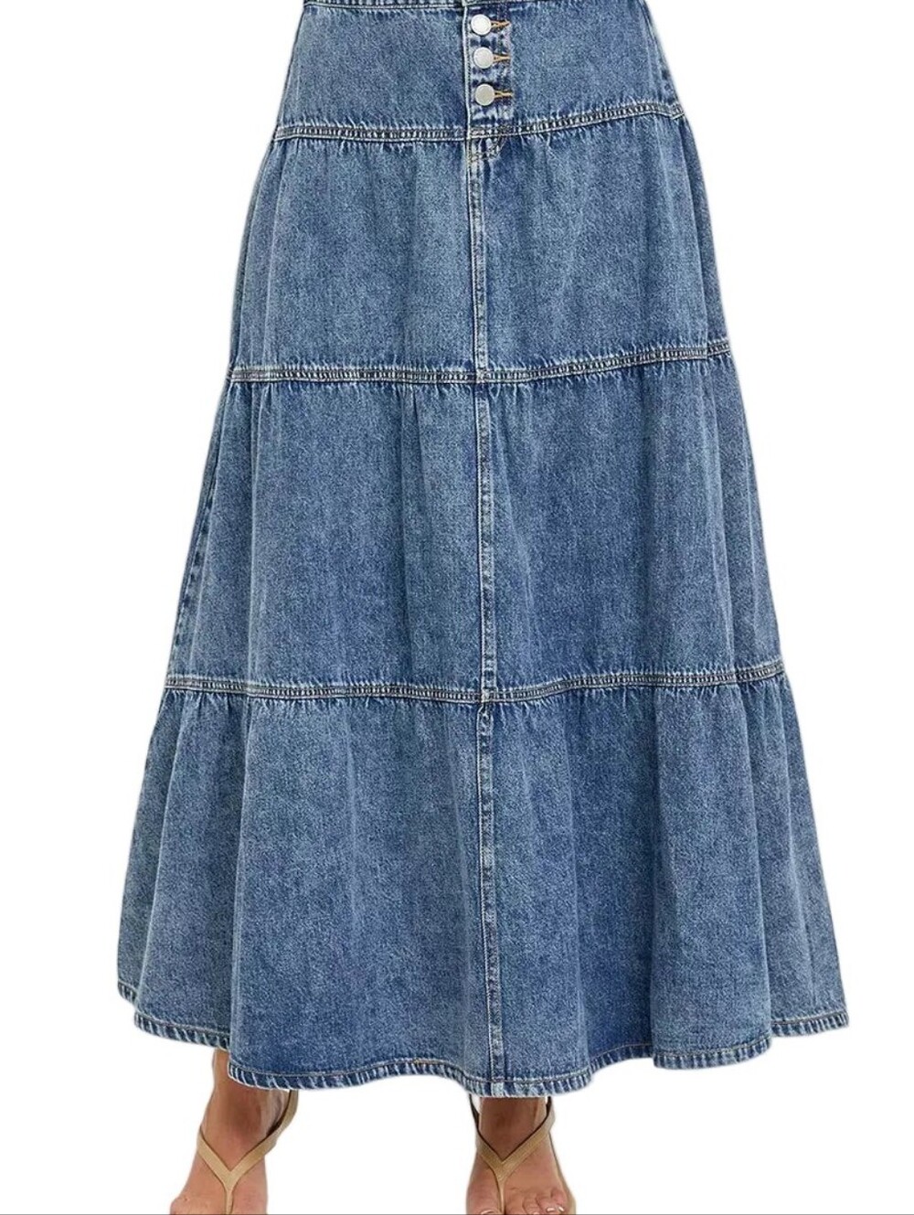 Risen High-Rise Button Elastic Waist Tiered Ruffle Cotton Denim Maxi Jean Skirt - Picture 4 of 14